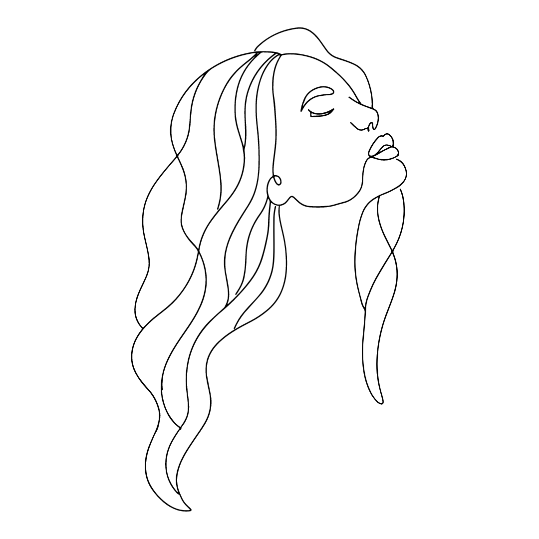 Minimalist line drawing of a woman’s profile with long, flowing hair, highlighting her elegant features.