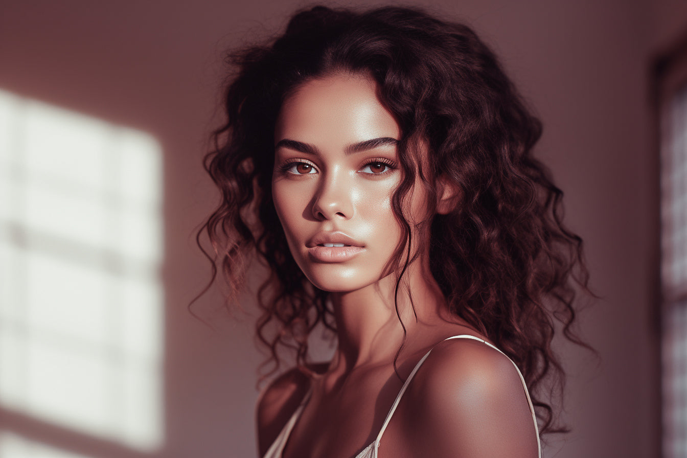 Close-up portrait of a woman with curly hair, glowing skin, and a soft expression, lit by natural light from a window.