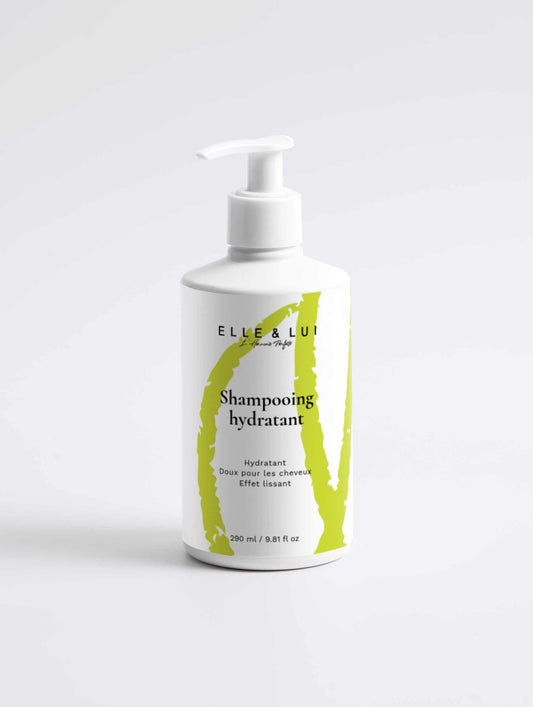 Shampooing hydratant ELLE & LUI bouteille blanche avec pompe article pour cheveux doux et brillants