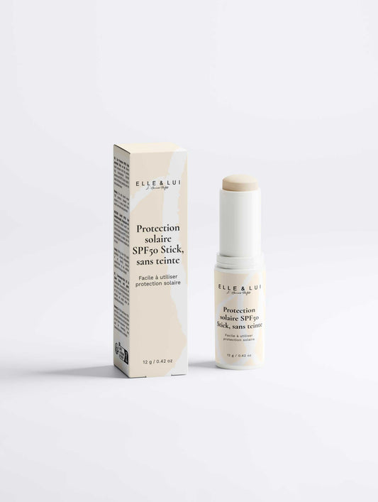 Stick protection solaire SPF50 minéral, sans teinte, facile à appliquer, large spectre UVA/UVB, peau sensible.