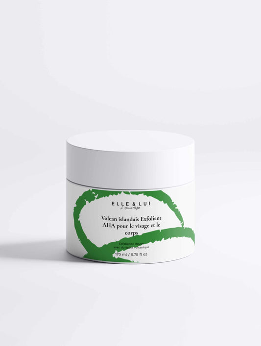 Pot d'exfoliant AHA pour le visage et le corps avec formule au sable volcanique islandais, texture crémeuse revitalisante