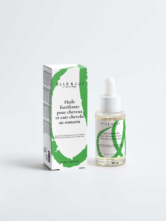 Huile fortifiante pour cheveux et cuir chevelu au romarin avec pipette et emballage blanc vert