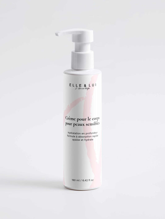 Crème hydratante pour peaux sensibles, absorption rapide, soin apaisant pour visage et corps.