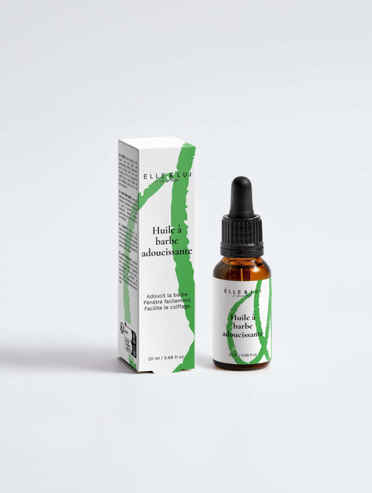 Huile à barbe adoucissante avec cannabidiol pour une barbe douce et apaisée, flacon compte-gouttes de 20 ml.
