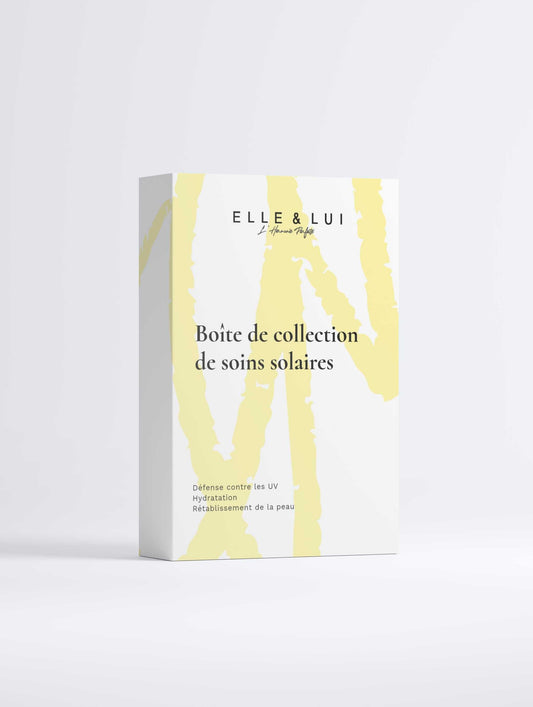 Boîte de collection de soins solaires SPF50 avec stick teinté, lotion après-soleil apaisante et crème hydratante au hyaluronique.