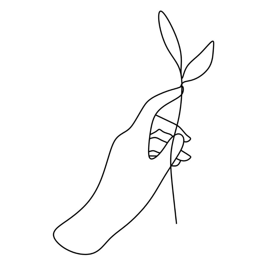 Minimalist line drawing of a hand holding a flower or plant, with a simple, elegant design.