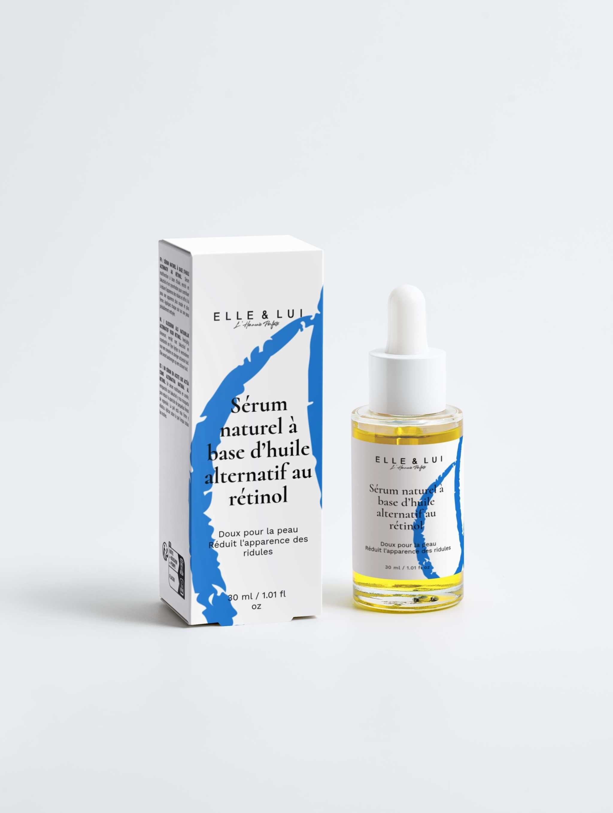 Flacon et boîte de sérum naturel à base d'huile alternative au rétinol pour Boîte de collection Éclat rajeunissant