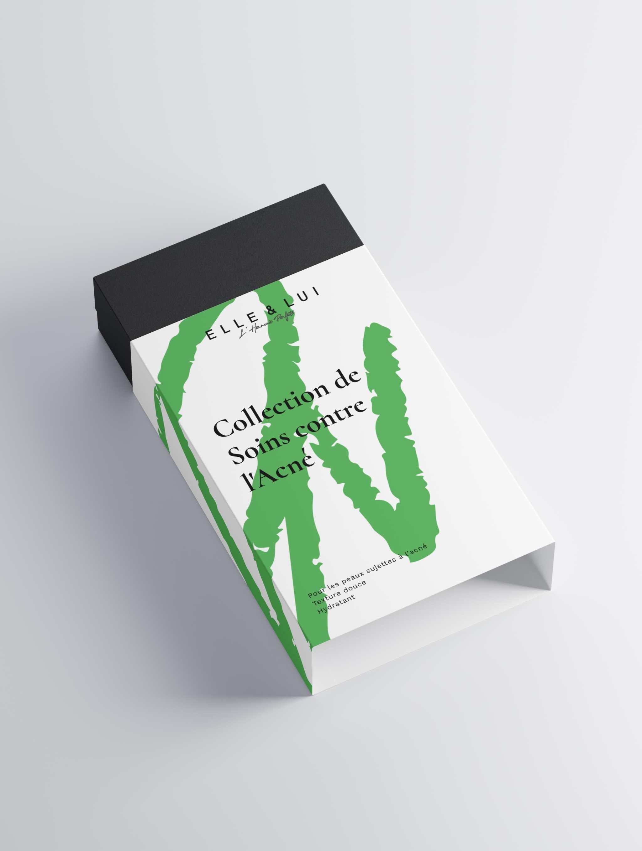 Boîte de collection Acné Care avec mousse nettoyante, concentré gommant AHA et soin des taches d'acné pour réduire rougeurs et apaiser la peau.