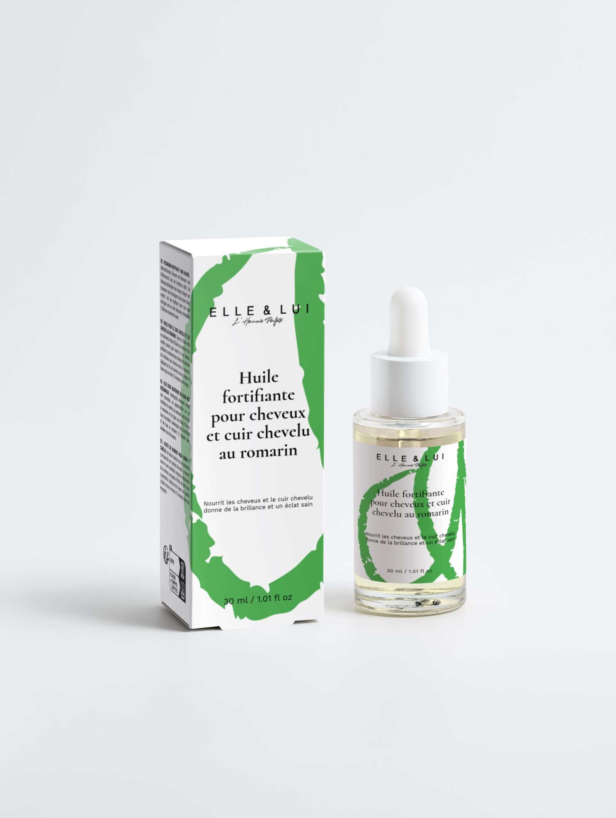 Huile fortifiante pour cheveux et cuir chevelu au romarin avec pipette et emballage blanc vert