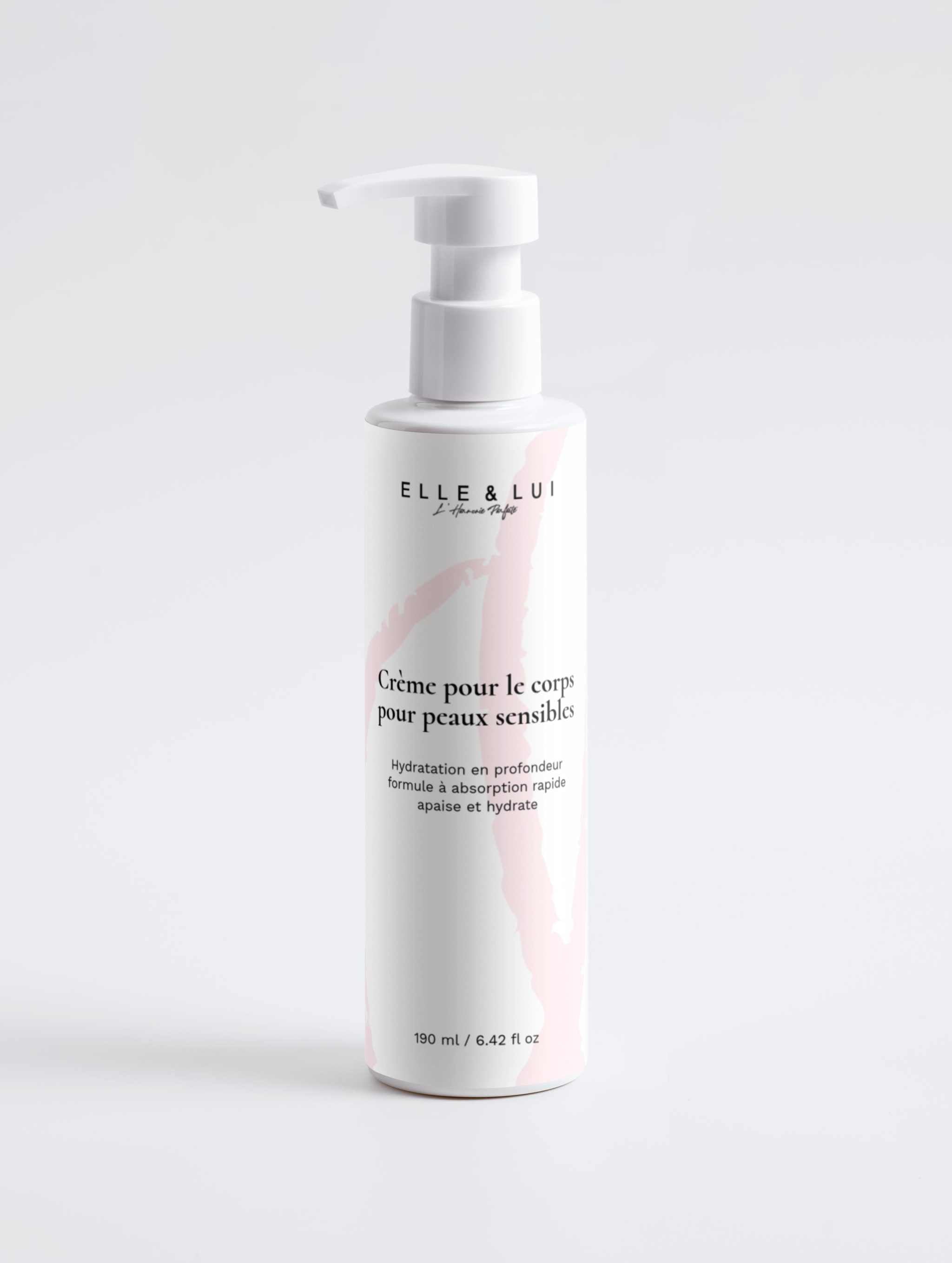 Crème hydratante pour peaux sensibles, absorption rapide, soin apaisant pour visage et corps.