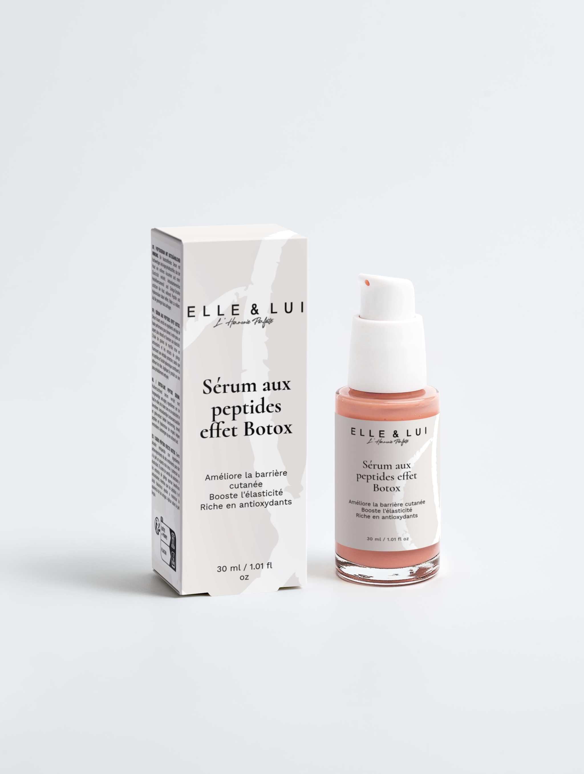Duo Performance Anti-Âge sérum aux peptides effet Botox en flacon avec boîte blanche élégante
