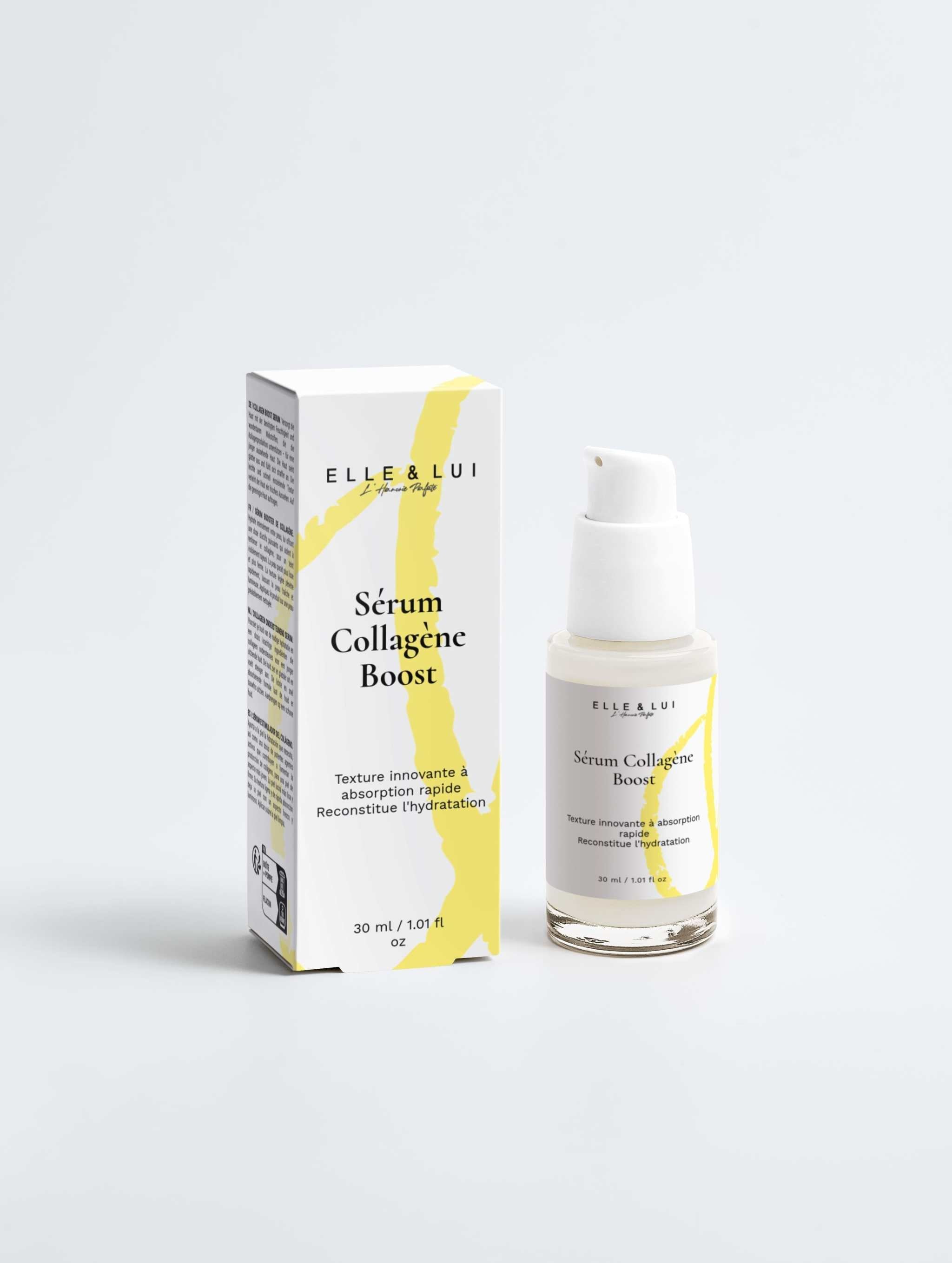 Sérum Collagène Boost de la Routine de Nuit au Collagène avec emballage blanc et jaune pour rajeunissement cutané.