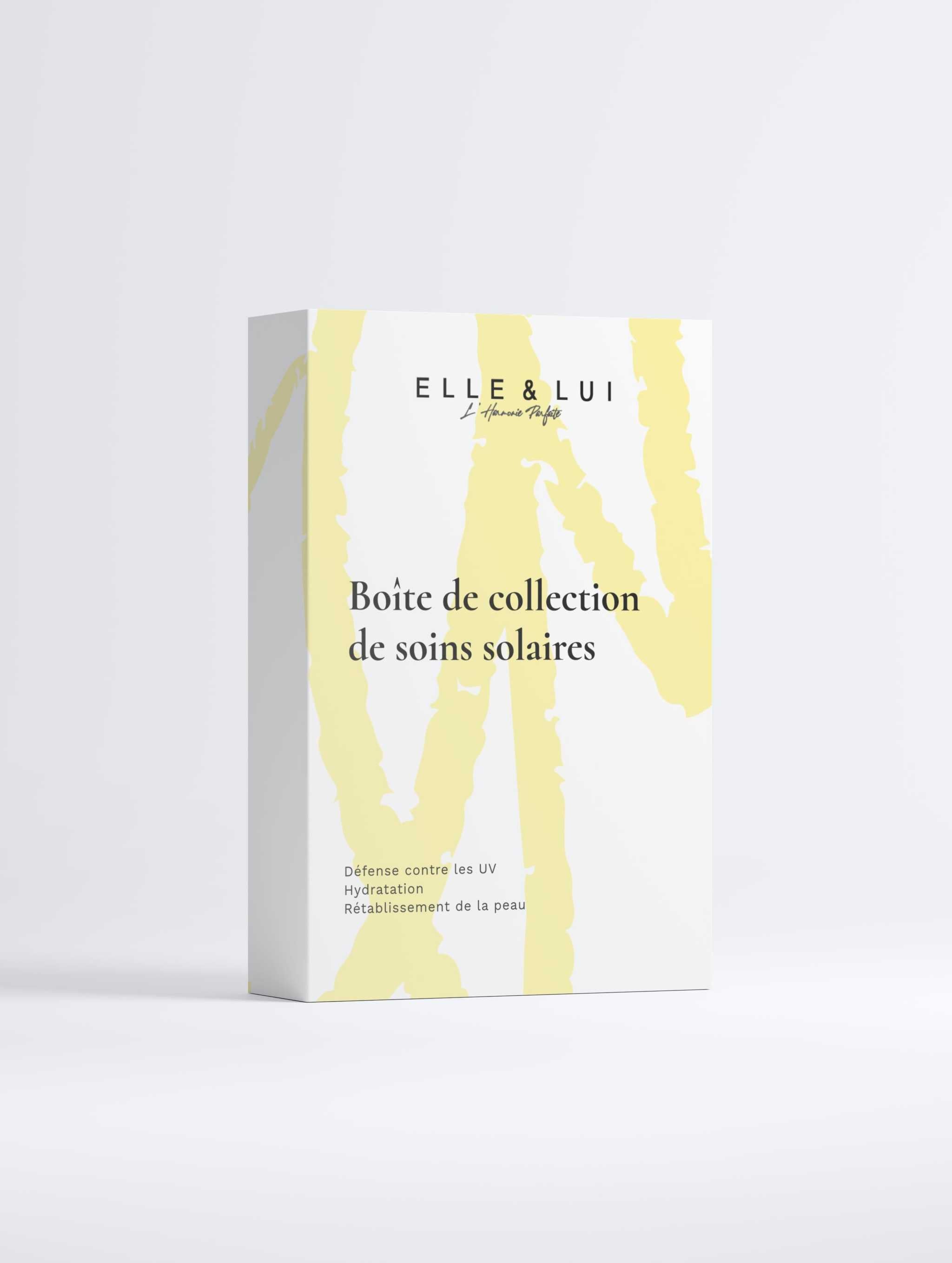 Boîte de collection de soins solaires SPF50 avec stick teinté, lotion après-soleil apaisante et crème hydratante au hyaluronique.